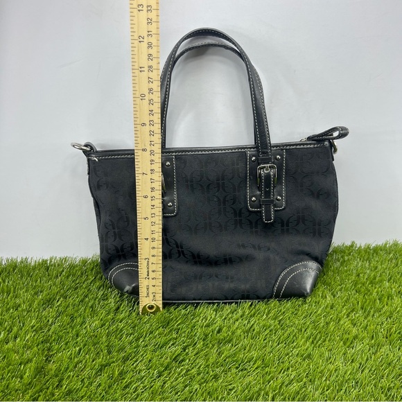 Fossil Black Leather Monogrammed Fabric Canvas Small Tote Satchel Handbag Purse - Picture 13 of 14
